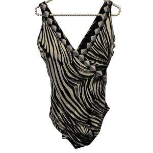 Gottex Swimsuit Womens Size 22 Black White Zebra Print One Piece Ruched Tank
